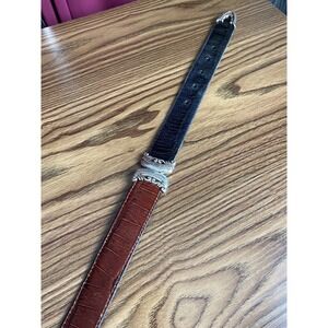 Two-Tone Croc Emboss Leather Twist Belt Silver Ornate Buckle Western Style‎ L